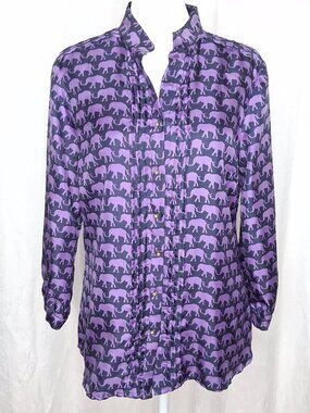 Elizabeth McKay Navy Silk Pleated Front Blouse w Purple Elephants